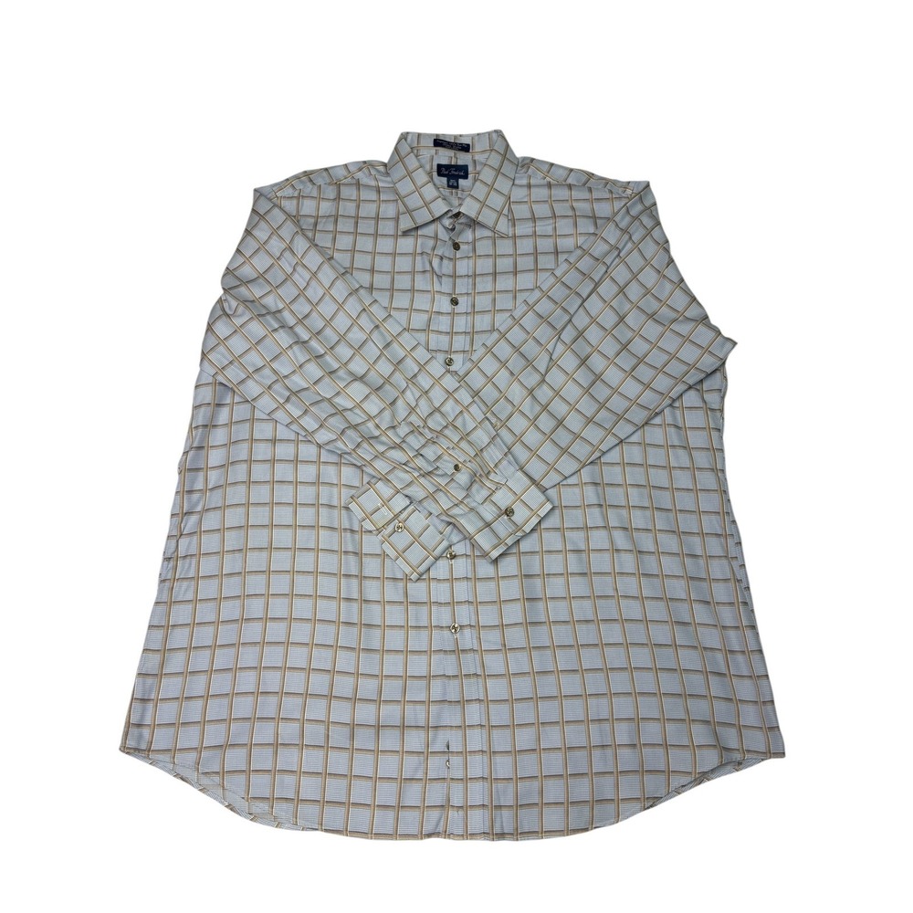 Paul Fredrick Men's Dress Shirt 18-36 Blue Tan Plaid 100%‎ Cotton Dobby